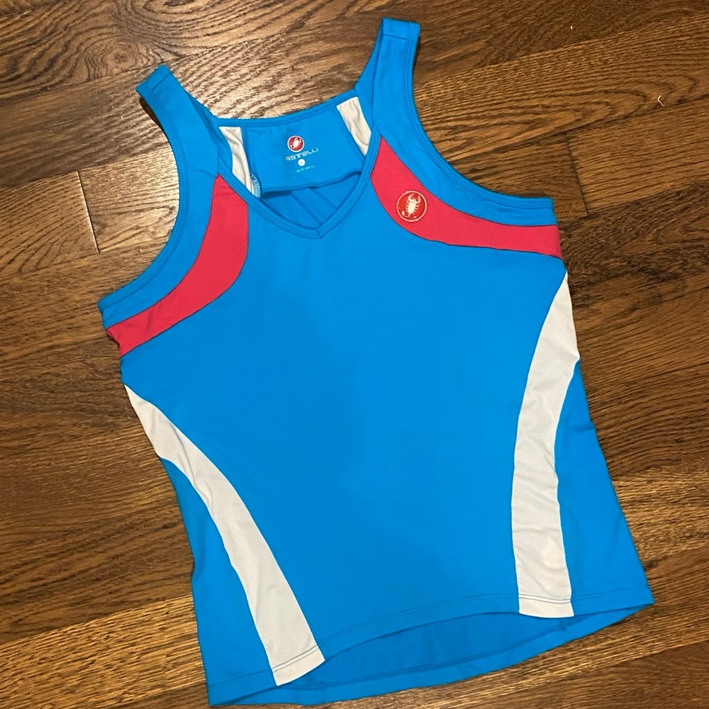 Women’s Athletic Blue Tank Top with Red & White Panels